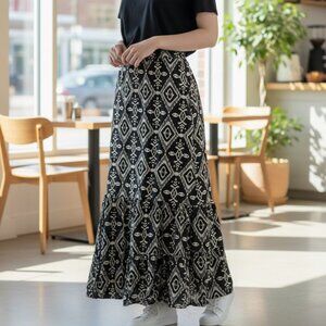 By Design Women's Maxi Skirt Size XL Black Printed Elastic Waist Pull On
